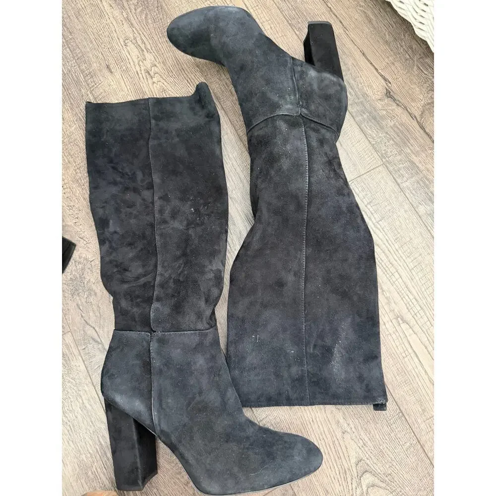 Sam Edelman Knee High Boots Size 8.5 Black Suede Almond Toe Block Heel Pull-On